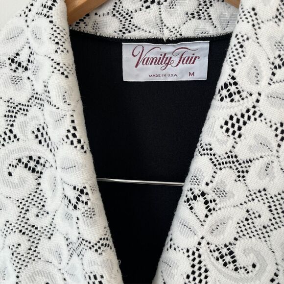 VTG 80s Vanity Fair Velour Maxi Dressing Gown Black Robe Housecoat Lace Trim M - Picture 5 of 10